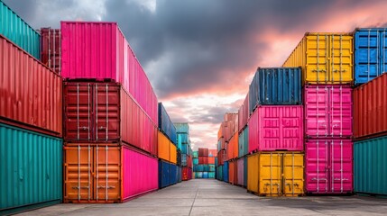 Fototapeta premium Vibrant Shipping Containers Stacked at Port Terminal Under Dramatic Sky