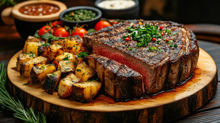 A dry-aged steak with bone-in, presented artistically in high fidelity for culinary visuals.