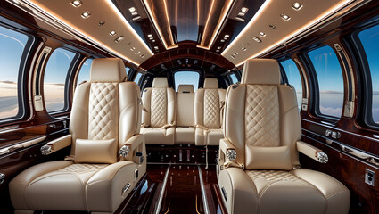 Interior of a private jet with luxurious cream leather seats and wood paneling with views outside