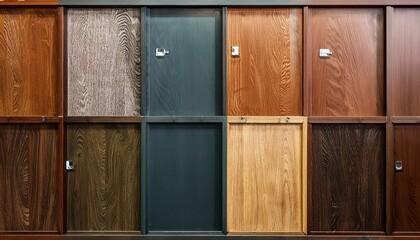 a row of wooden cabinets with different colors and textures