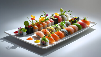 A platter of assorted sushi rolls and nigiri garnished with flowers and microgreens on white plate