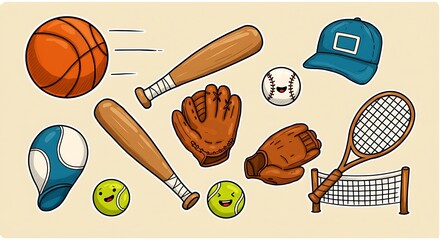 Hand-drawn collection of various sports equipment including basketball, baseball, and tennis items.