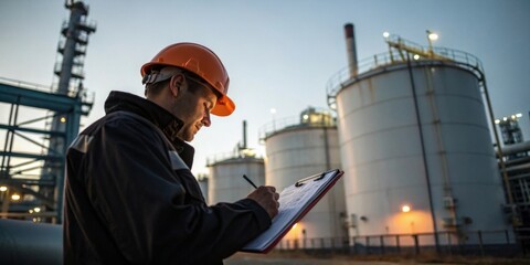 Engineer in orange helmet conducting safety checklist at oil refinery industrial inspection evening setting professional environment for operational excellence