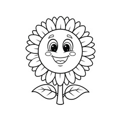 Cute happy sunflower character coloring page for children with smiling face and leaves vector