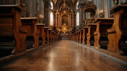 Fototapeta premium Ornate Catholic Church Interior with Wooden Pews and Gilded Altar, Emphasizing Tradition and Architectural Beauty