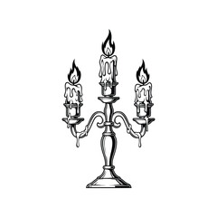 Vintage candelabra with three lit candles stylized engraving illustration vector