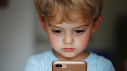 Little boy focused on smartphone digital dependency