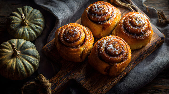 Cinnamon rolls arranged with carved pumpkin decor, Rembrandt side light shadow play, overhead perspective, analogous palette warm tones, 