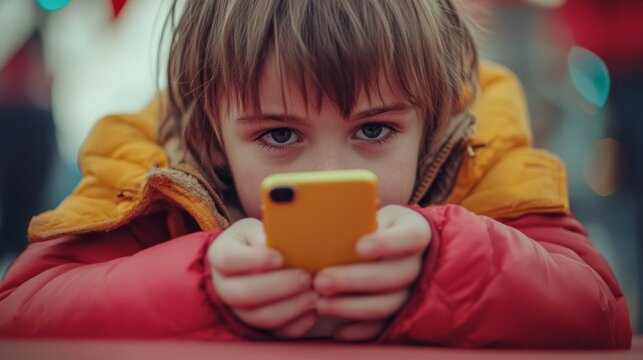 Child holding yellow smartphone digital addiction concept