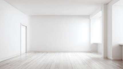 Bright Empty Room with White Walls, Wooden Floor, and Natural Light from Windows, Interior Design