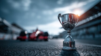 Victory Trophy on Racetrack with Blurred Race Car: Achievement, Competition, and Automotive Excellence