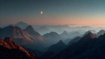 Crimson moon above jagged peaks with fog valleys, panoramic long exposure with atmospheric depth, golden ratio