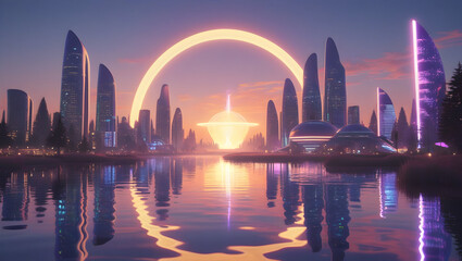Futuristic city skyline reflecting in water with a glowing ring and structure at sunset or sunrise