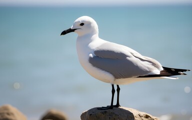 Obraz premium White Bird Perched on a Pebble Rock at the Seashore. High quality