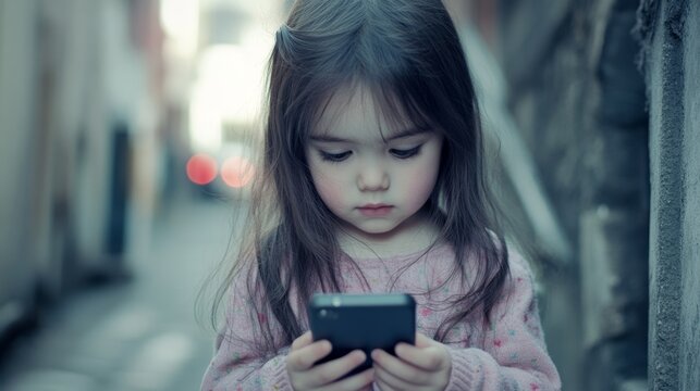 Little girl holding smartphone digital addiction concept
