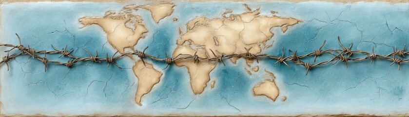 Naklejka premium A textured map of the world with a barbed wire motif, symbolizing division and conflict across continents.