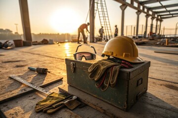 Construction tools and gear setup site floor toolbox with gloves and helmet golden hour lighting close-up view rustic metal toolbox concept
