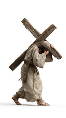 Jesus Christ carrying heavy wood cross with suffering on Good Friday. solemn depiction of passion and religion