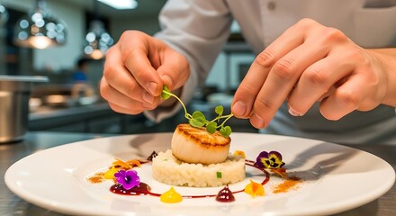 Chef meticulously garnishing a gourmet scallop dish with microgreens and edible flowers.