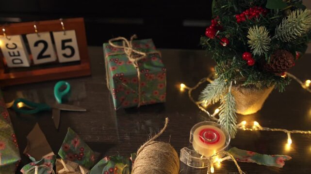 Festive Holiday Scene with Decorated Gift and Warm Lighting Ambiance