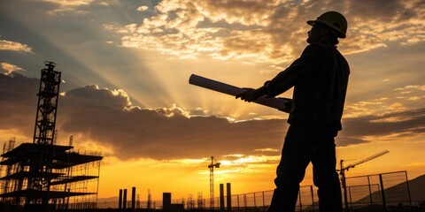 Fototapeta premium Engineer holding blueprint tube against dramatic sunrise sky with golden light in industrial setting