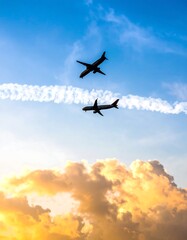 Obraz premium Two airplanes soaring through a vibrant sunset sky