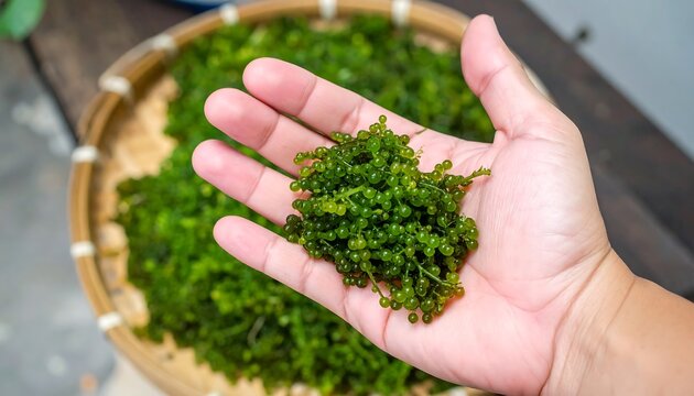 Hand holding a bunch of small, bright green sea grapes