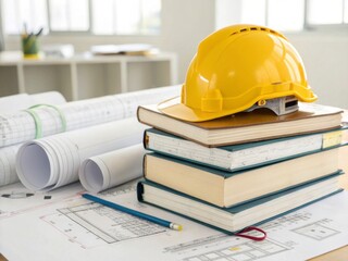 Educational focus on civil engineering analyzing a stack of engineering books and blueprints with a yellow safety helmet in an industrial design environment