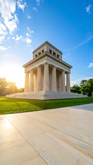 Ancient stone temple bathed in sunlight, with grassy lawns