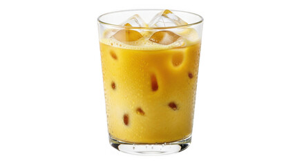 Refreshing Iced Turmeric Latte with Ice Cubes in a Clear Glass.