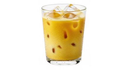 Refreshing Iced Turmeric Latte with Ice Cubes in a Clear Glass.
