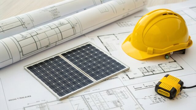 Engineering action solar panel miniature model overview workspace image type futuristic environment topdown view of renewable energy concepts