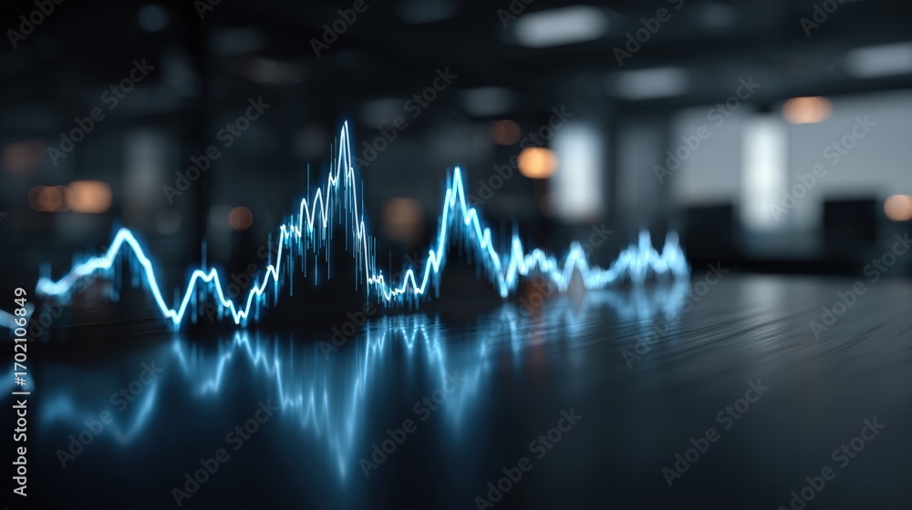 Poster abstract glowing waveform display on dark reflective surface depicting data analysis, technology, an