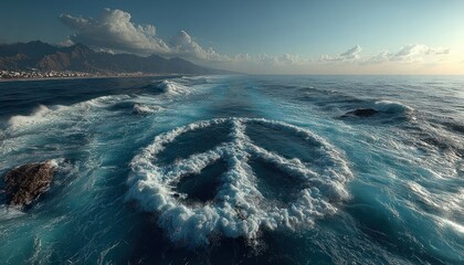 A vast ocean with waves forming a temporary peace symbol before dissolving