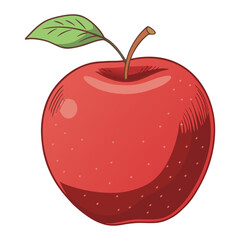 Red Apple with Stem and Leaf Hand Drawn Illustration