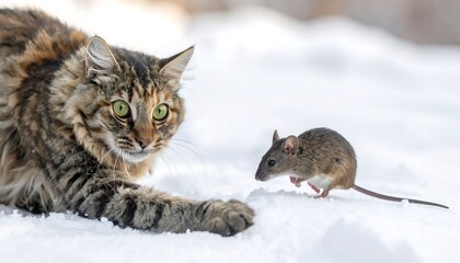 A fluffy cat hunts a small mouse in the snow.