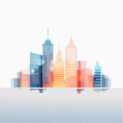 Fototapeta premium Modern city skyline, stylized cityscape, colorful buildings, urban landscape, reflection in water.