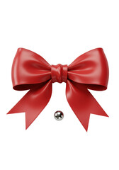 Fototapeta premium A luxurious, crimson red satin bow with a high-gloss finish and a polished silver sphere, isolated on a seamless, shadowless transparent background, concept of elegant gift presentation