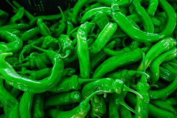 A close-up pile of fresh green chili peppers fills the frame, their glossy surfaces and vibrant green hue signaling peak freshness.