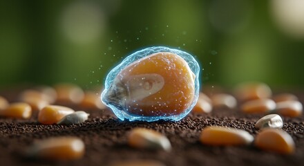 A closeup of a corn kernel encased in a blue glowing orb surrounded by other kernels on soil