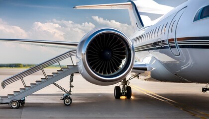 stairs with jet engine attached to a private airplane bombardier private jet aircraft transportation