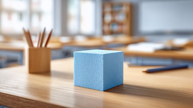 Blue Foam Cube in Classroom Setting: Educational Tool for Math, Science, and Creative Learning