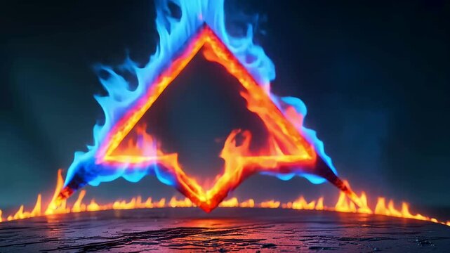 Glowing Triangle of Fire and Blue Flames on Dark Ground Representing Energy and Power Concept