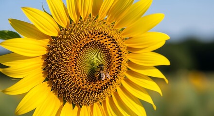 Bee on Sunflower in Sunny Field.