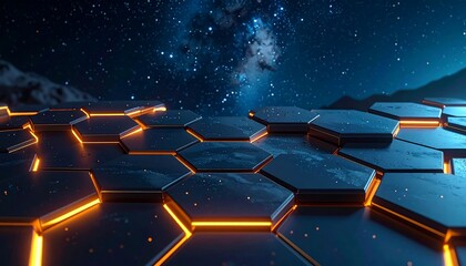Futuristic Hexagonal Platform with Glowing Edges and Starry Sky Backdrop.