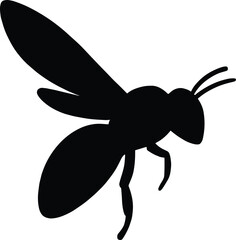 Minimal vector silhouette, bee mid-flight wings spread, side view, solid black