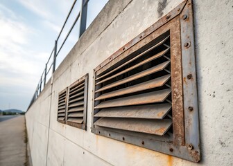 Rusted Metal Ventilation System on Concrete Wall Architectural Detail Exterior Structure Louvered Grills and Iron Frame Design
