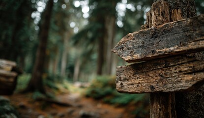 Weathered wooden signpost, blurred forest path in the background, suggesting direction and nature's trails