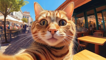a red and grey tabby cat takes a selfie at a table in a cafe generated by artificial intelligence