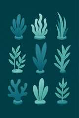Fototapeta premium Structured Marine Flora Vector Pack – Geometric Seaweed Icons on Grid Background for Tech Interfaces and Nature-Themed Editorial Graphics